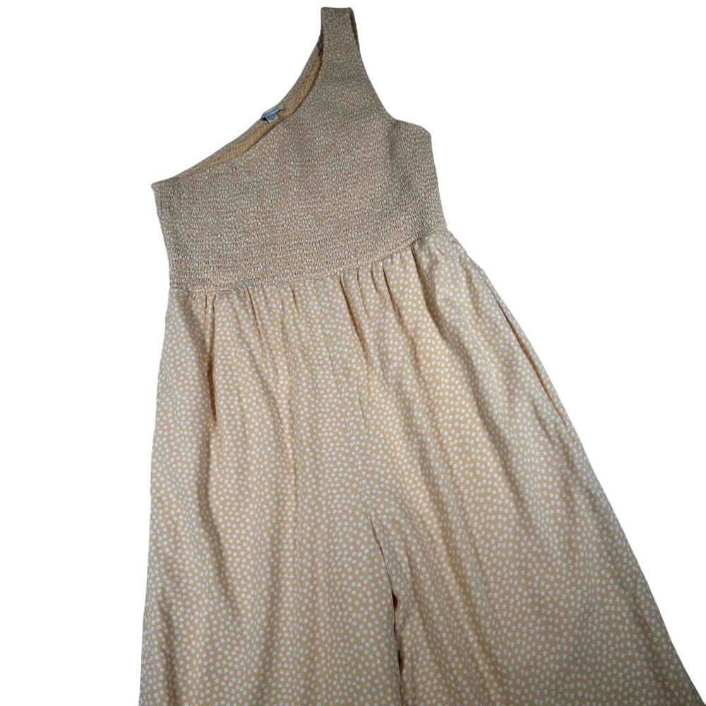 American Eagle Jumpsuit Womens XL Beige Floral One Shoulder Smocked Wide Leg